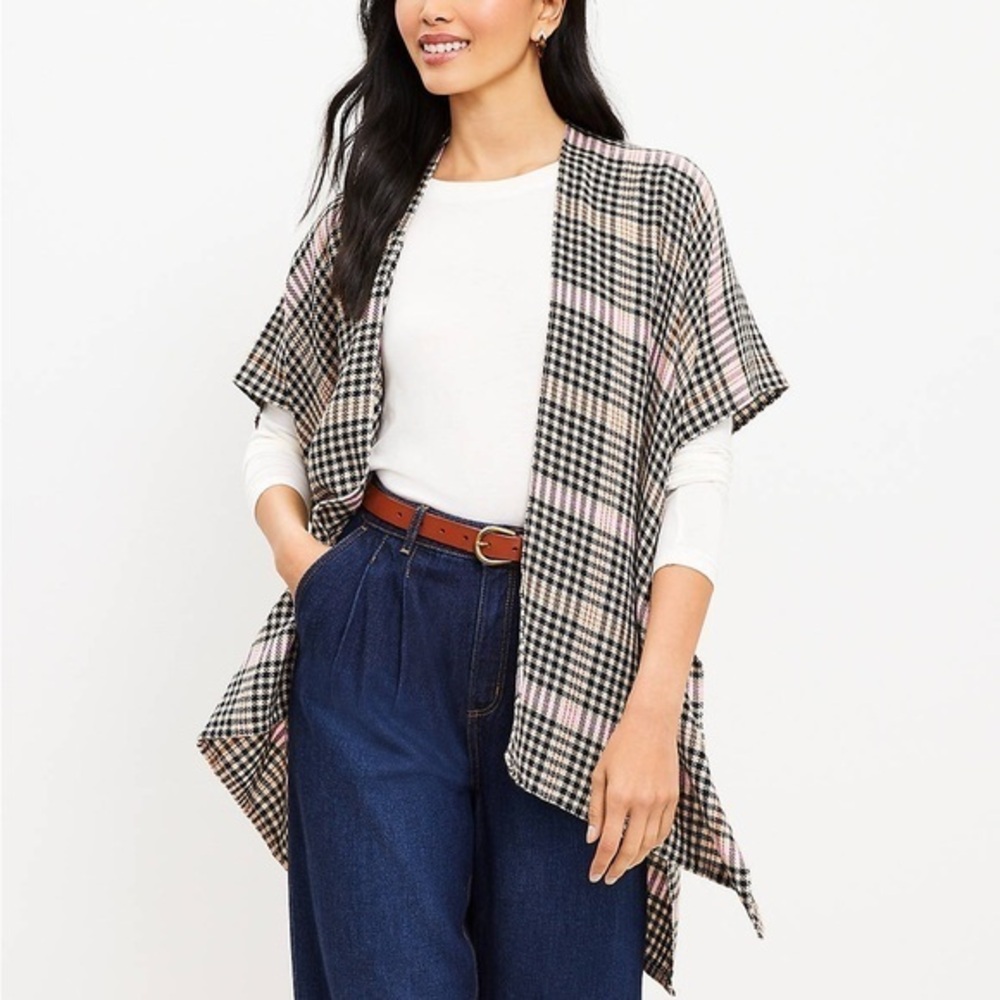 Loft Preppy Gingham Houndstooth Plaid Throw Layer Poncho Shawl Oversized Wrap